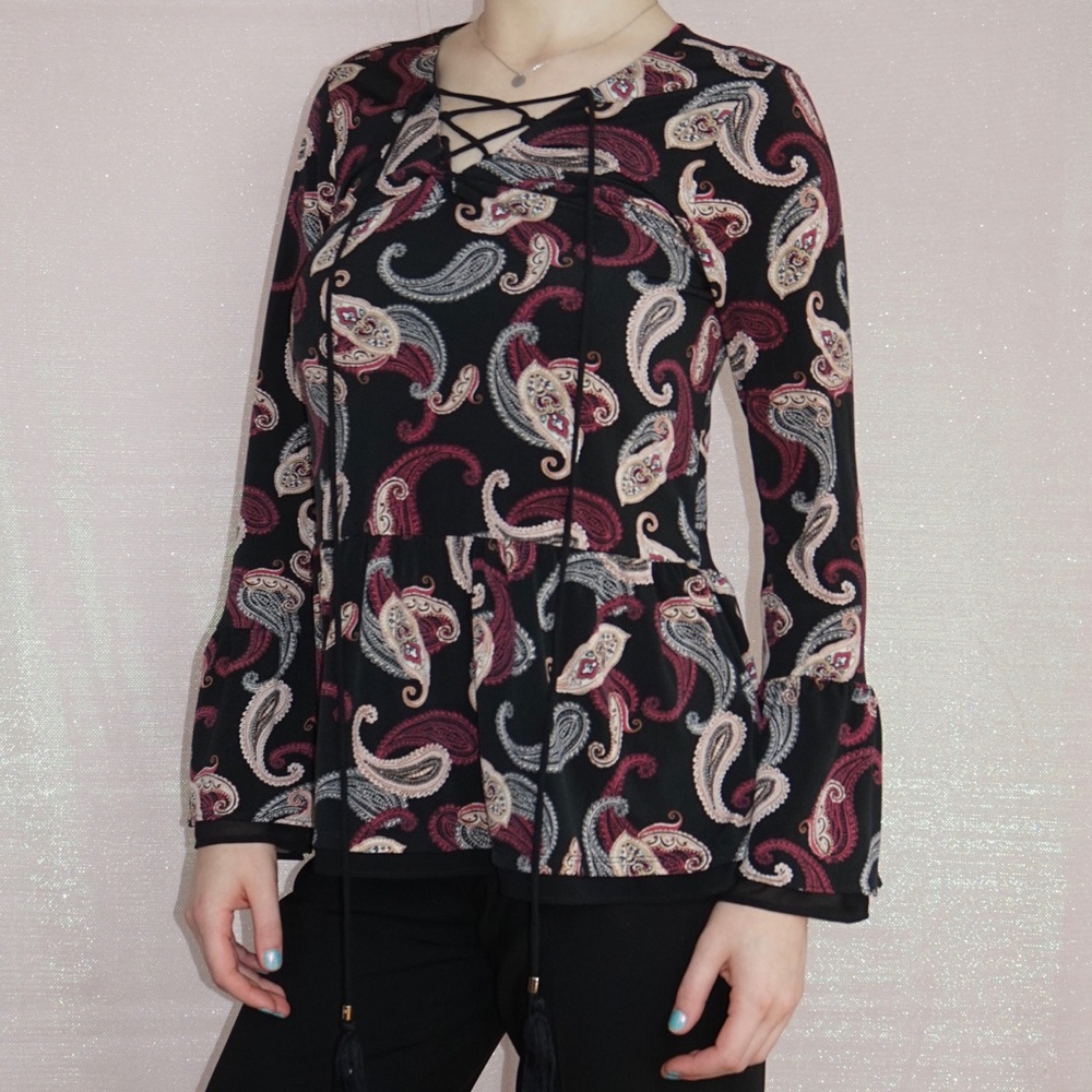 Paisley Long Sleeve Blouse with Criss Cross Tie